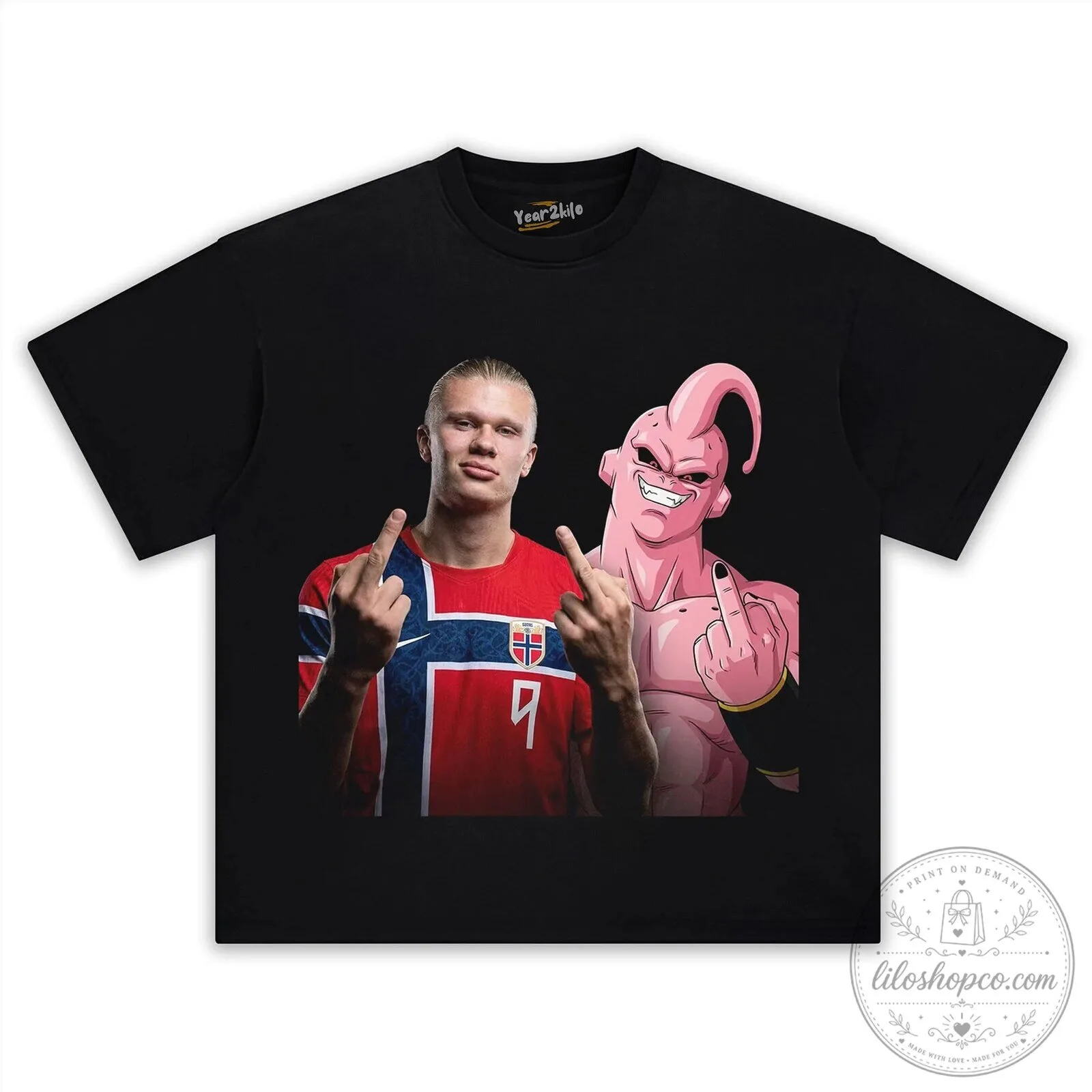 Erling Haaland and Majin Buu Middle Finger Meme Black T-Shirt
