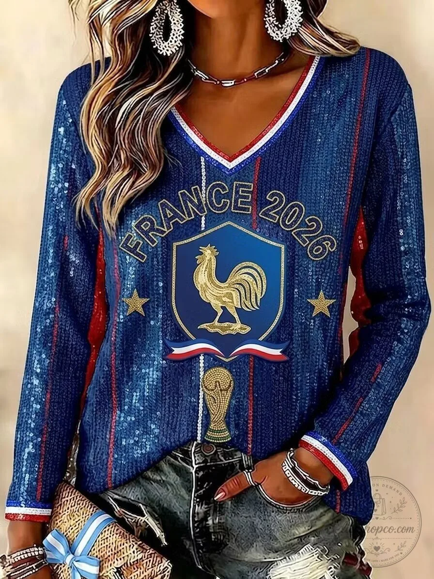 France Football 2026 Sequin Long Sleeve V-Neck Shirt