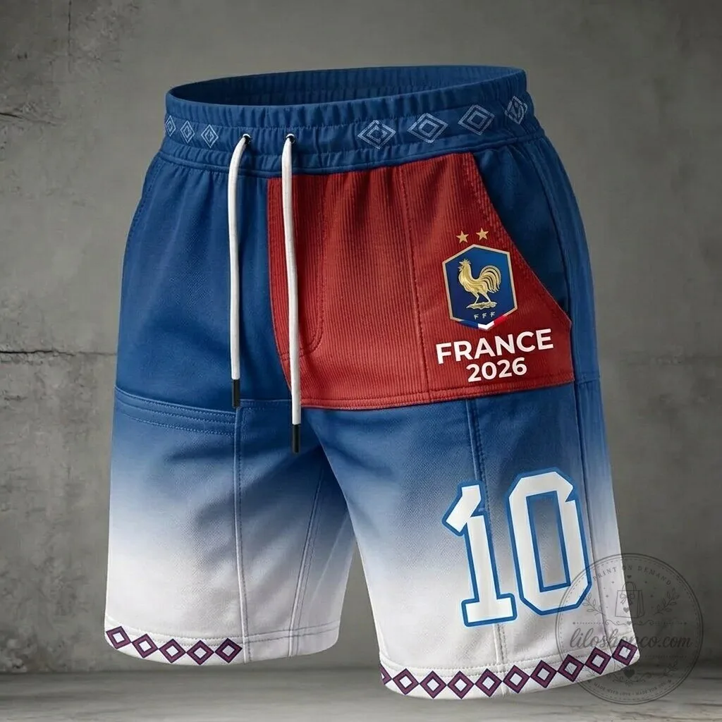 France Football Team Shorts with Rooster Crest and Number 10