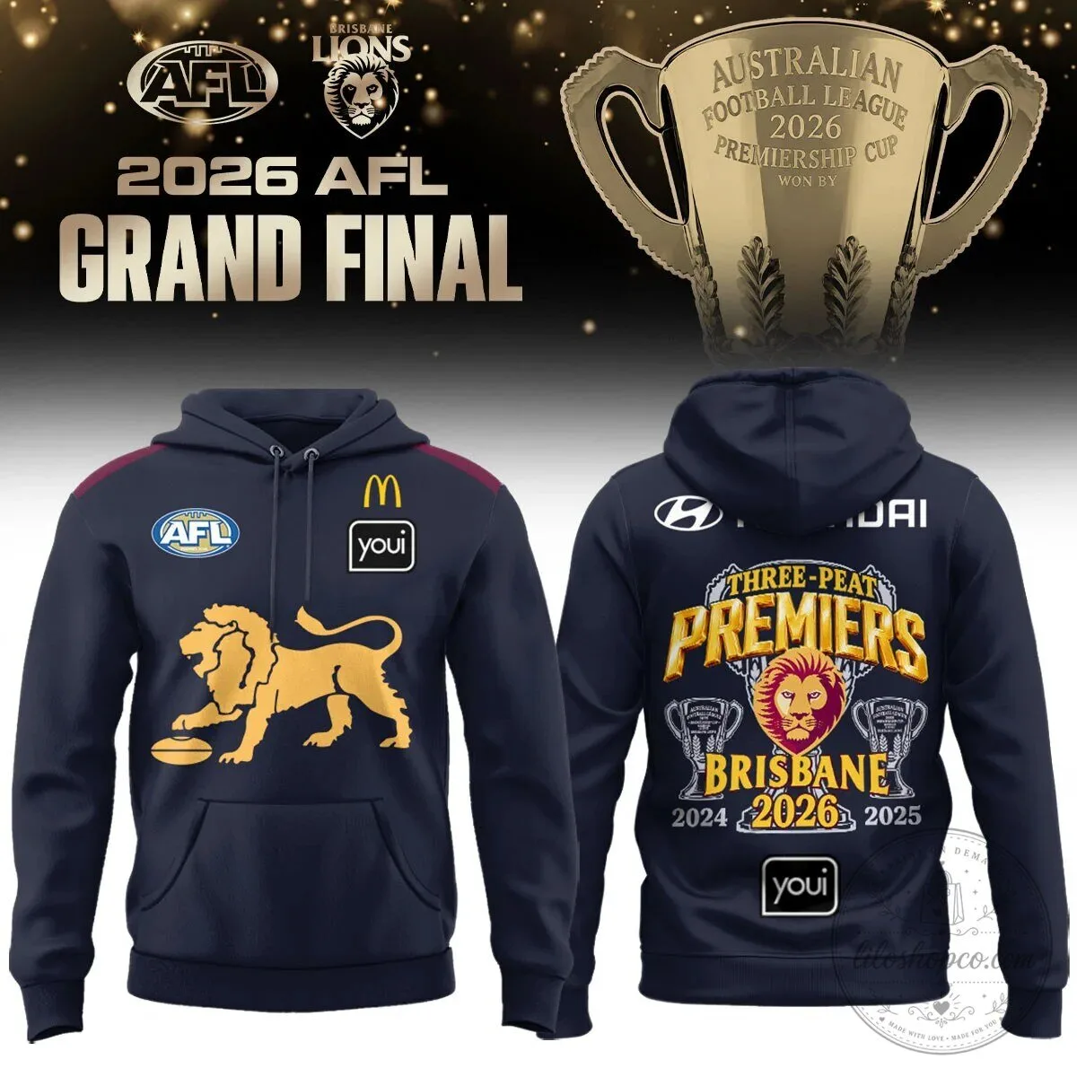 2026 Grand Final Hoodie for Brisbane Lions AFL Three-Peat Champions