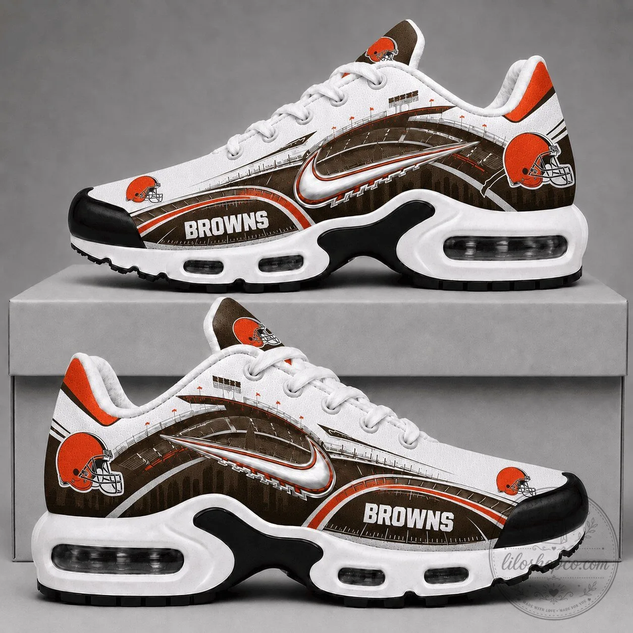 Cleveland Browns Football Team Logo White and Brown Air Max Sneakers