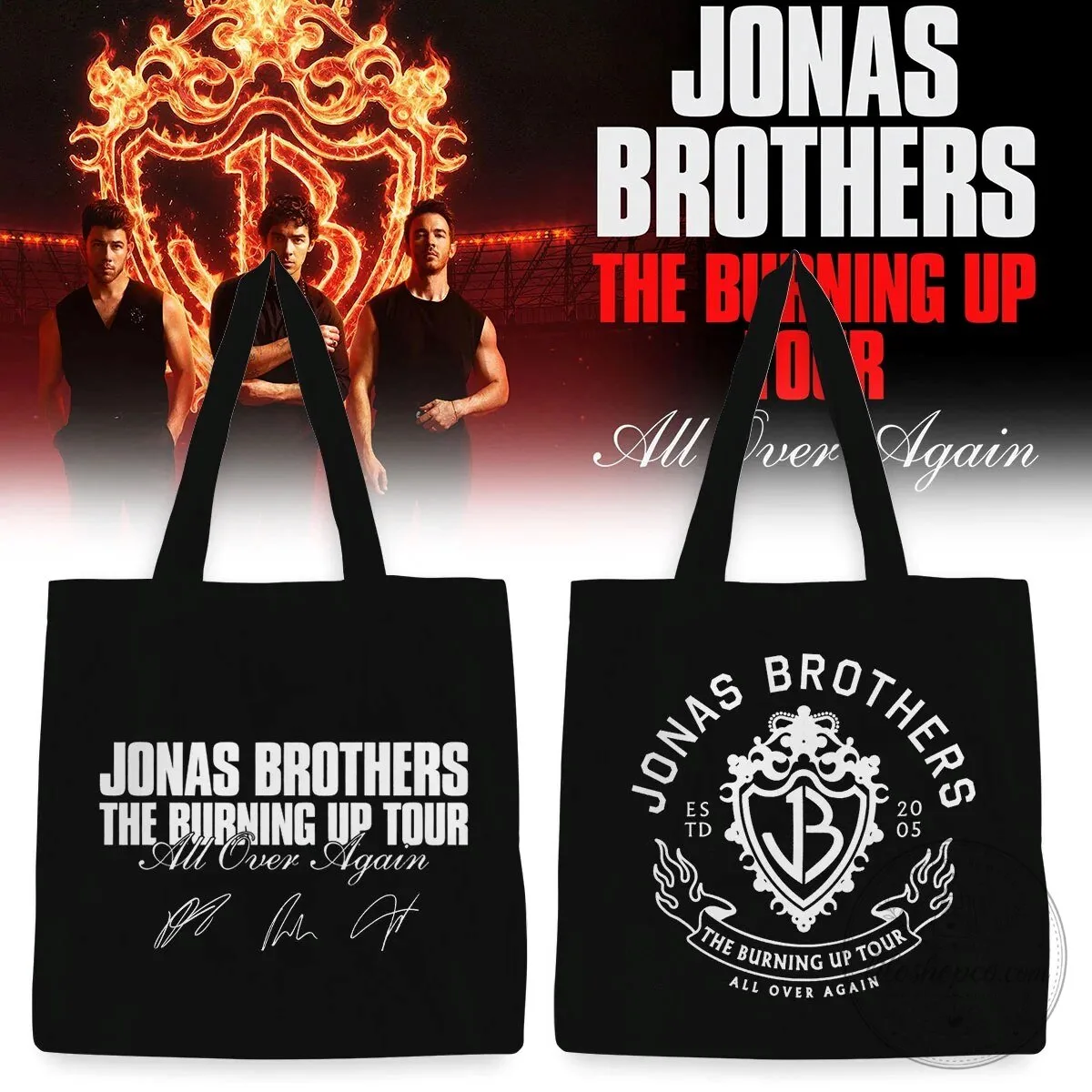 Black Tote Bag featuring Jonas Brothers' The Burning Up Tour All Over Again