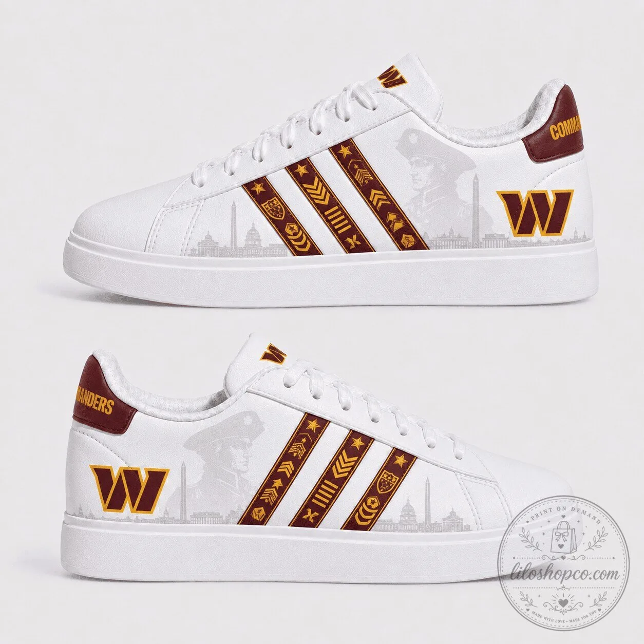 Washington Commanders Football Team Custom Printed White Sneakers