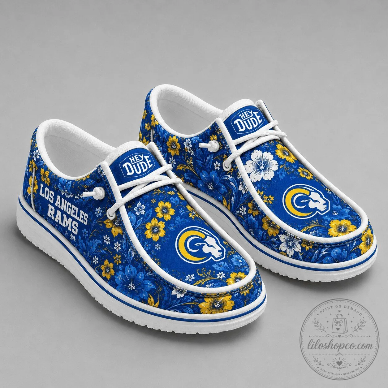 Los Angeles Rams NFL Team Floral Pattern Blue Loafer Shoes for Men