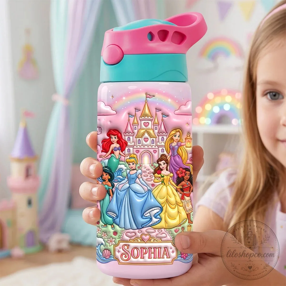 Disney Princess Castle Personalized Kids Water Bottle with Straw Lid