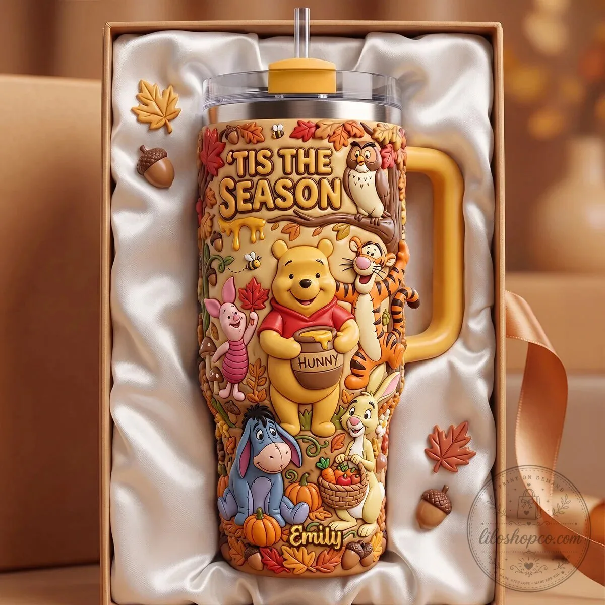 Winnie the Pooh Fall Autumn Leaves "Tis the Season" 40oz Tumbler with Handle