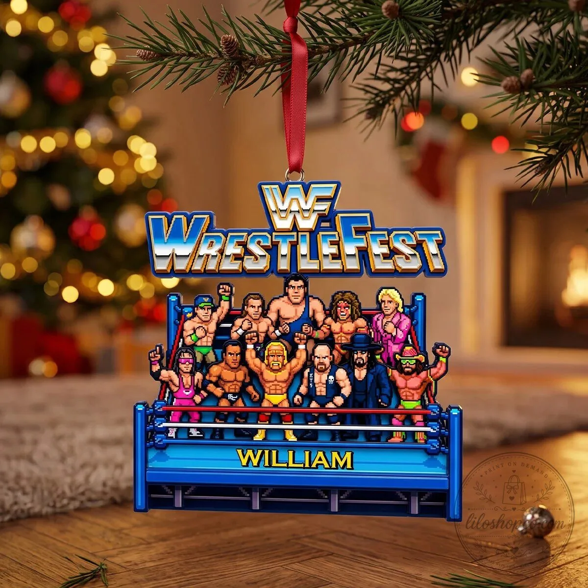 WWE WrestleFest Pixel Art Christmas Ornament, Personalized Wrestling Ring Holiday Decor