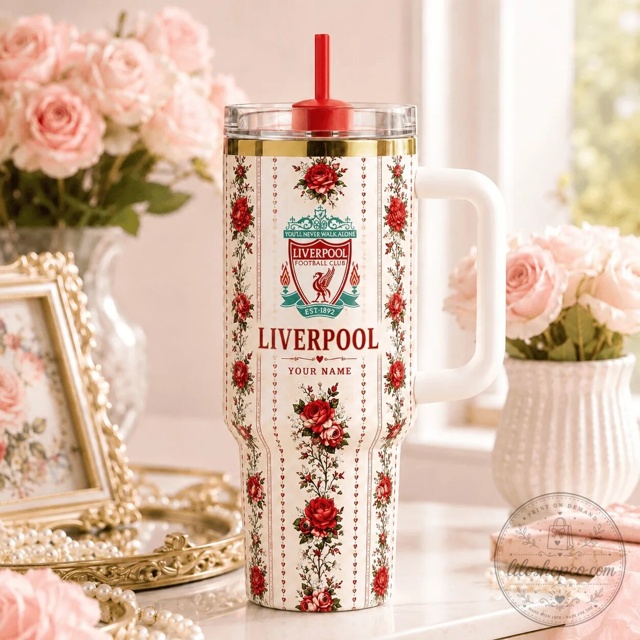 Liverpool Football Club Floral Pattern Insulated Tumbler with Handle and Straw
