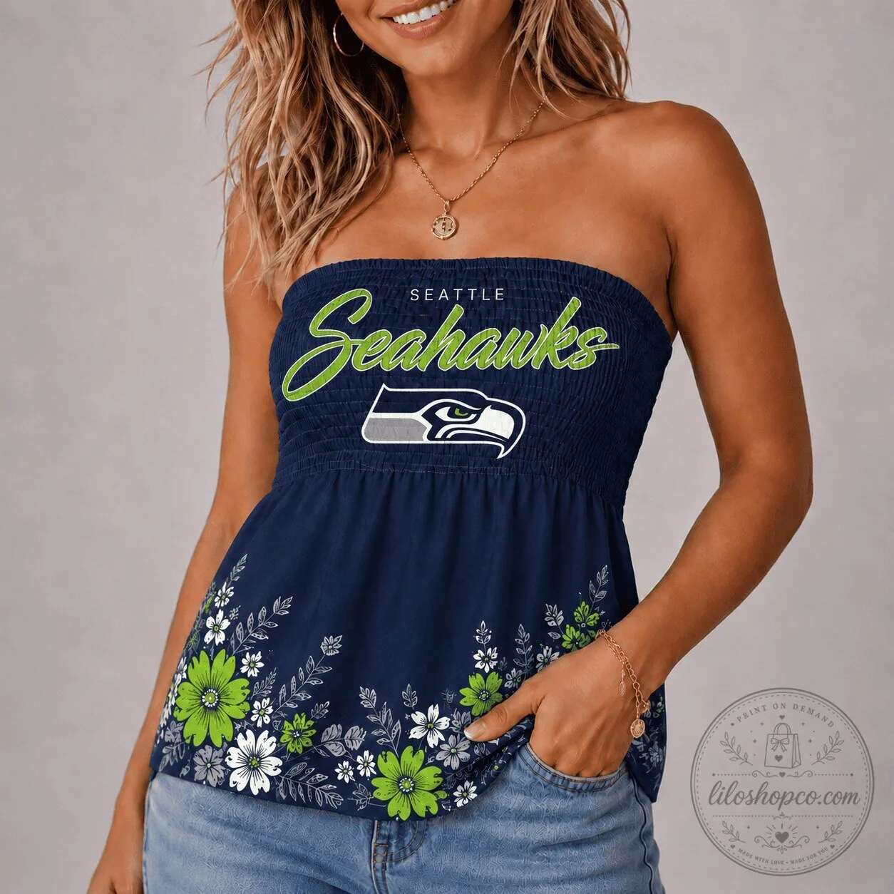 Seattle Seahawks Floral Strapless Smocked Tube Top for Women
