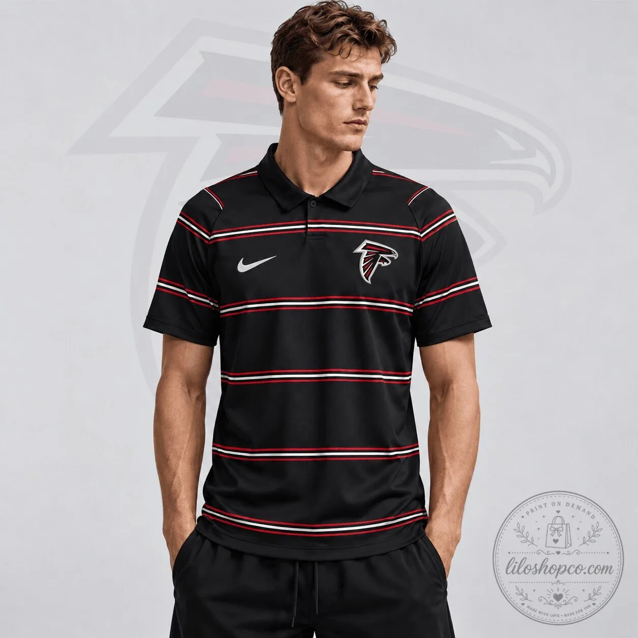 Atlanta Falcons Nike Team Crest Black Horizontal Stripe Performance Polo Shirt