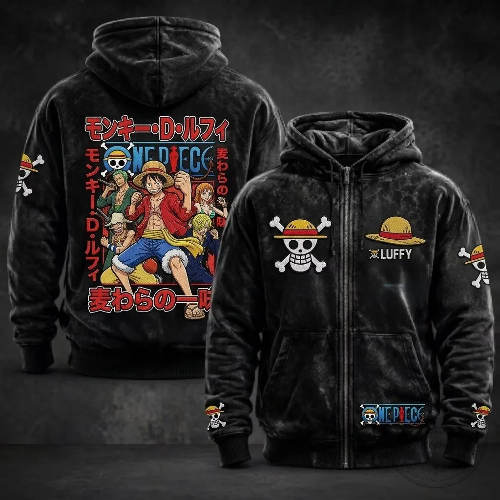 Anime Full-Zip Hoodie featuring One Piece's Monkey D Luffy and the Straw Hat Pirates