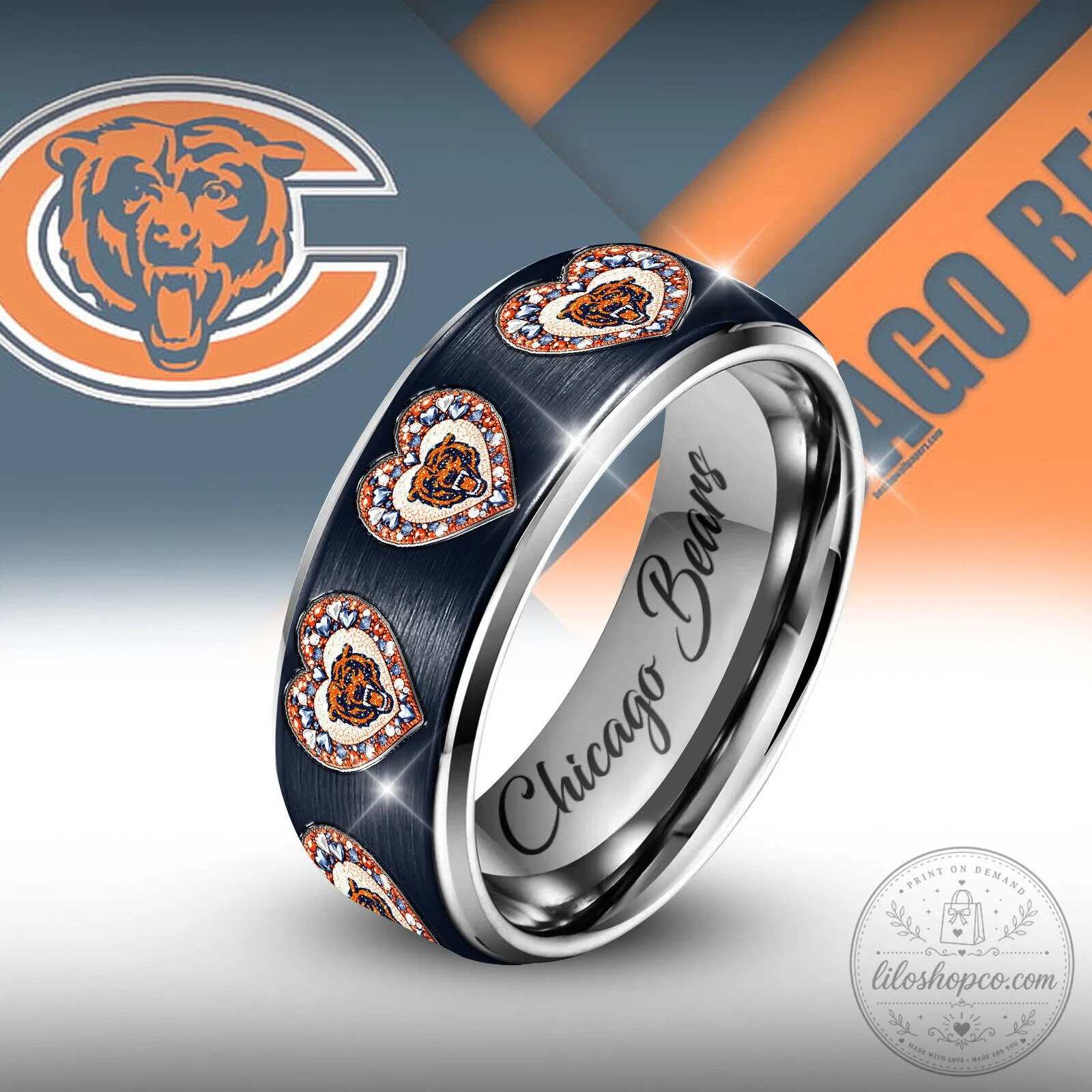 Chicago Bears NFL Football Team Heart Pattern Tungsten Steel Ring