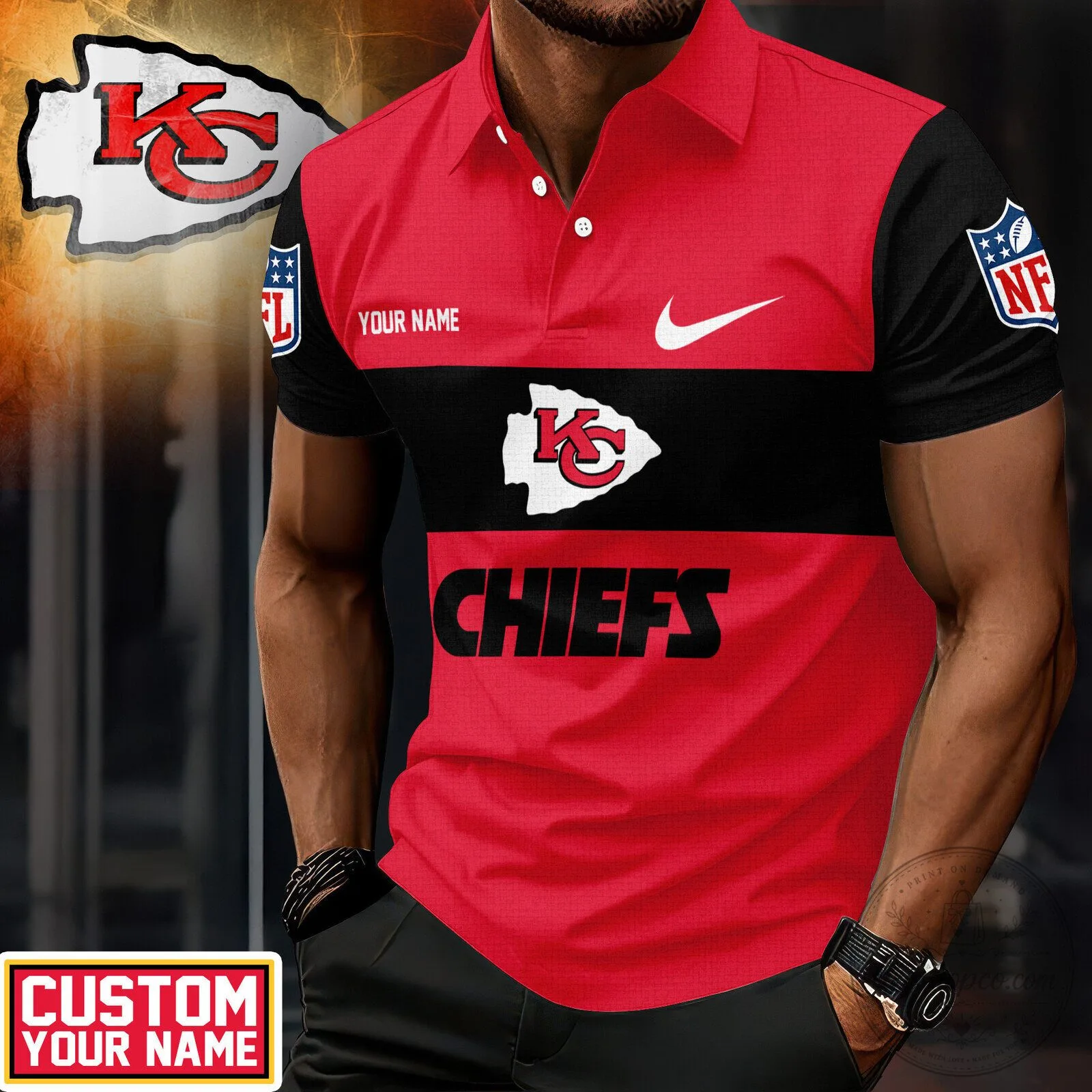 Kansas City Chiefs National Football League Custom Name Red and Black Polo Shirt