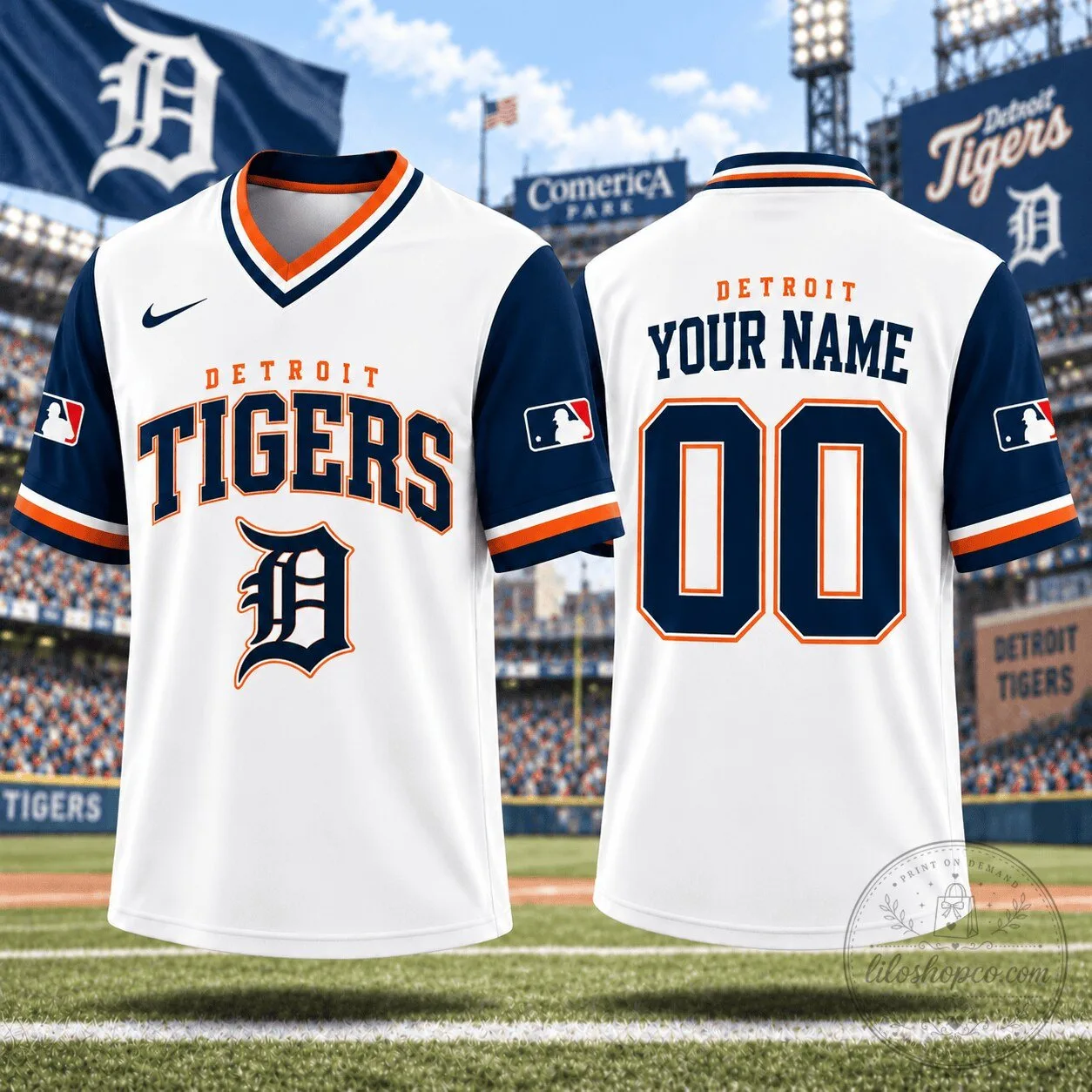 Detroit Tigers Baseball Jersey Custom Name Number White Blue Orange
