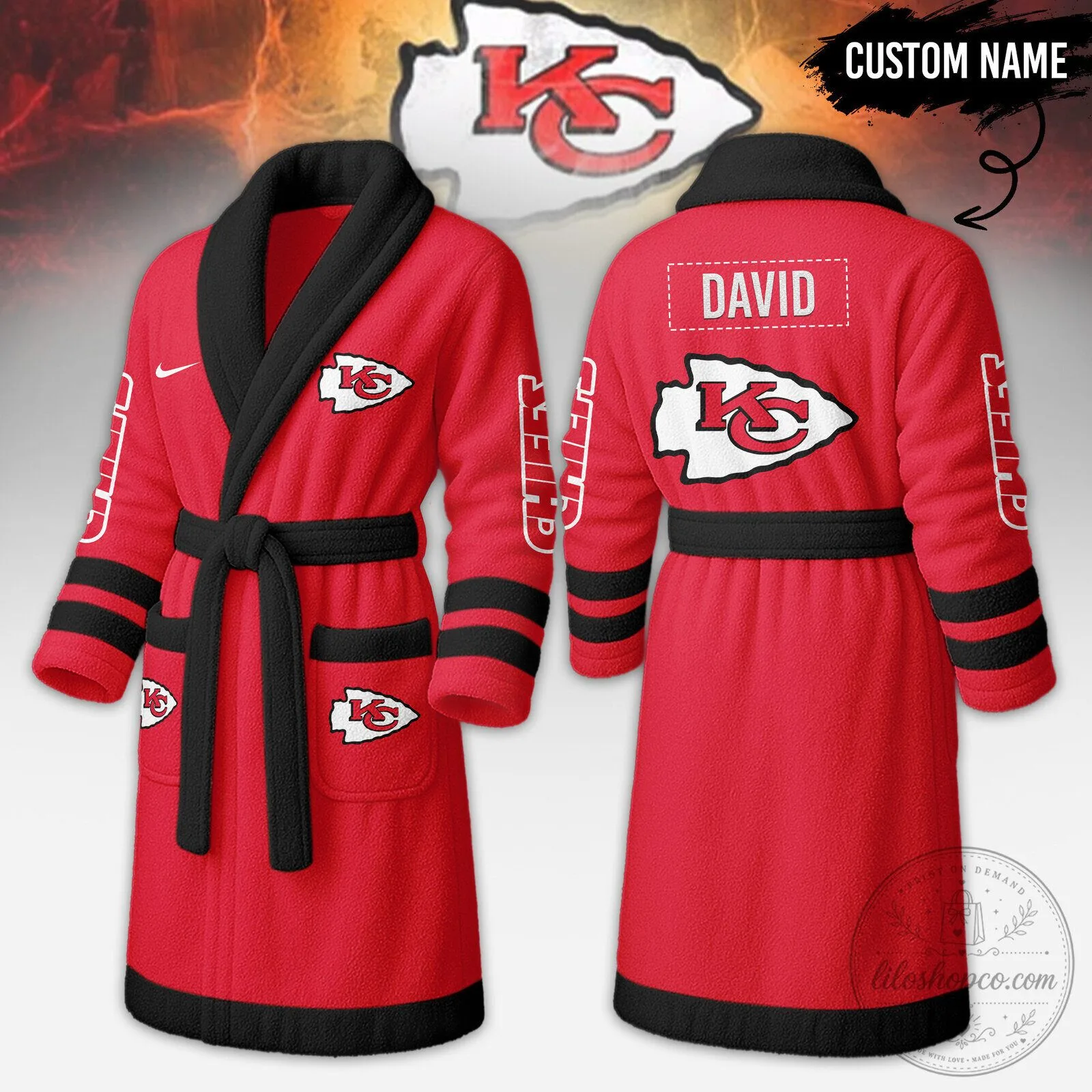 Kansas City Chiefs National Football League Custom Name Red Fleece Bathrobe