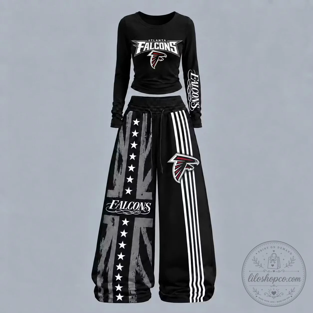 Atlanta Falcons Women's Long Sleeve Shirt and Wide Leg Pants Set 1 Atlanta Falcons Women's Long Sleeve Shirt and Wide Leg Pants Set