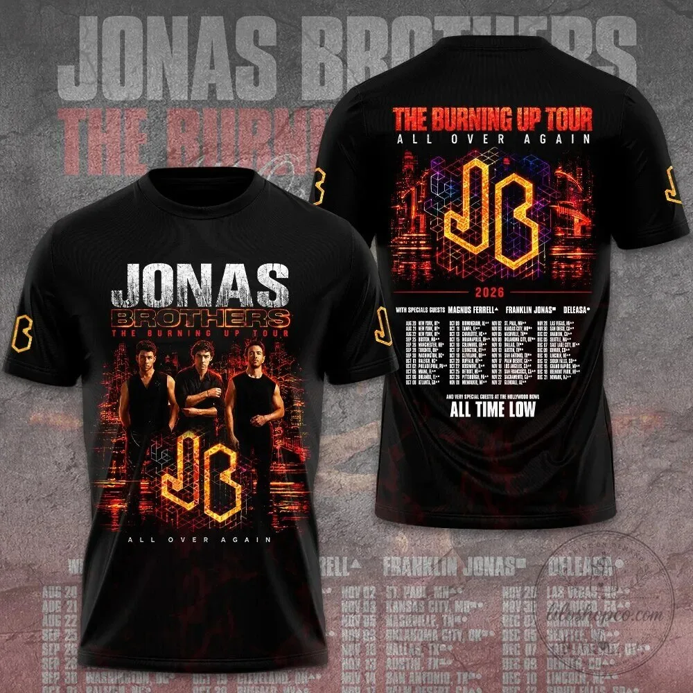 Black T-Shirt featuring Jonas Brothers' The Burning Up Tour All Over Again design
