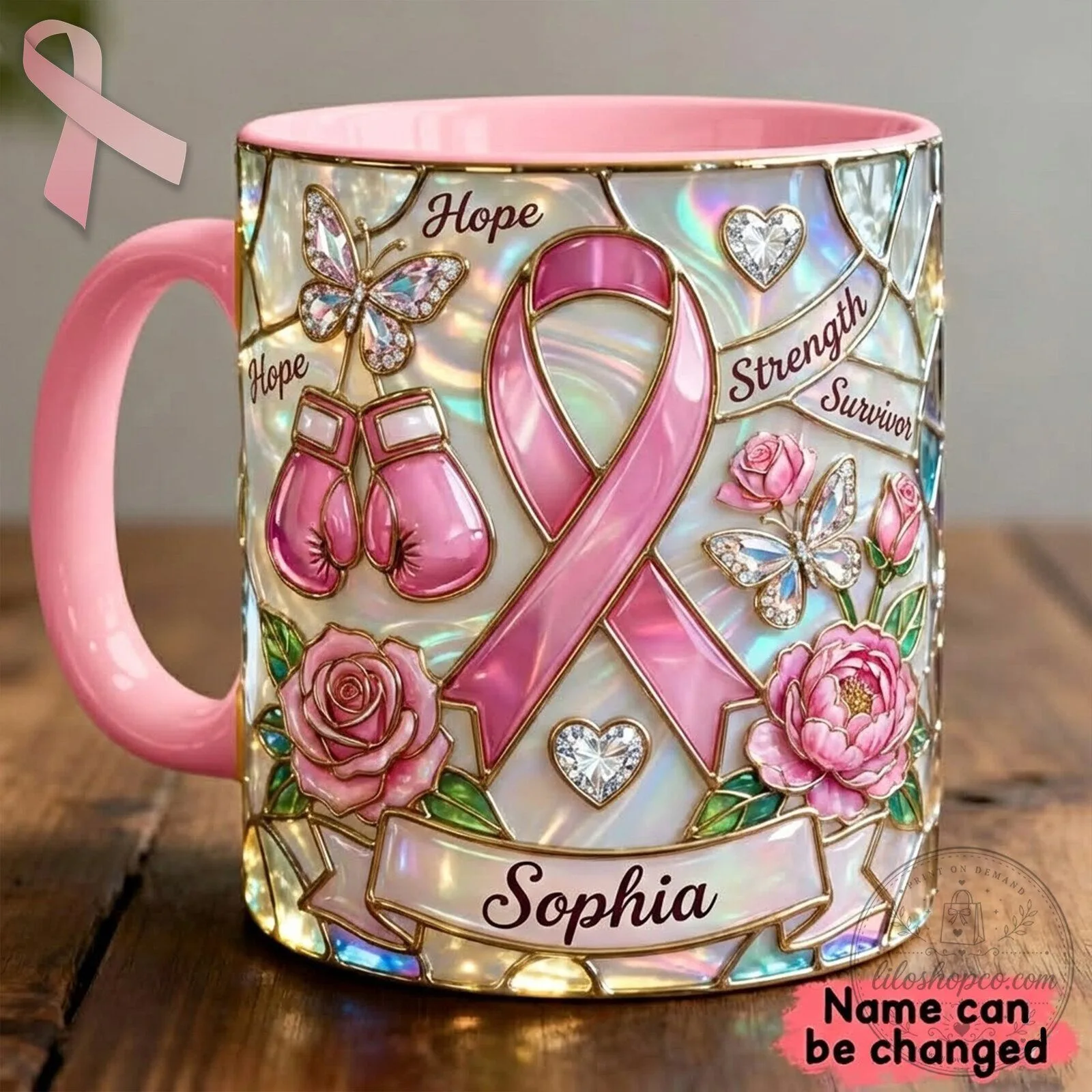 Personalized Breast Cancer Awareness Hope Strength Survivor Mug
