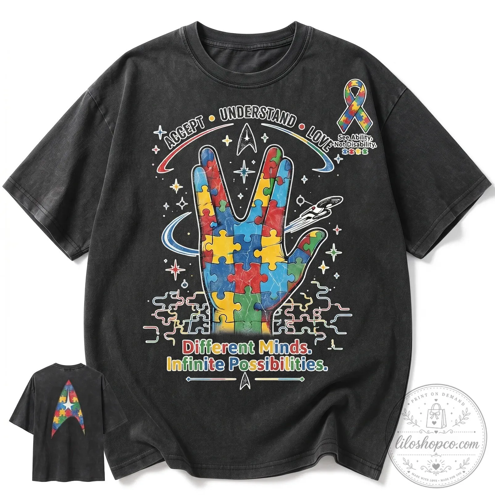 Autism Awareness Puzzle Graphic Star Trek Vulcan Salute T-Shirt
