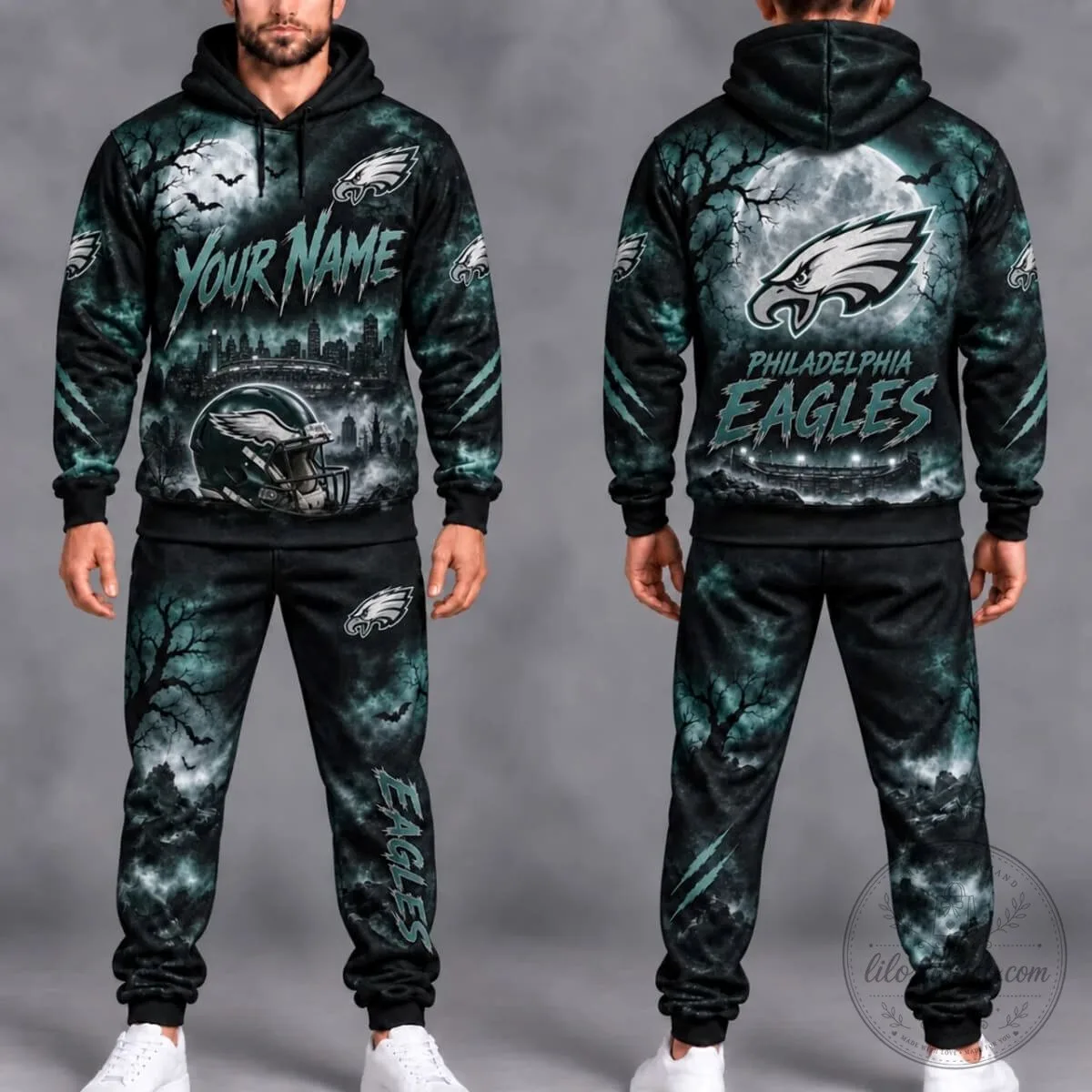 Philadelphia Eagles Fan Moonlit Skyline Personalized Hoodie and Jogger Set