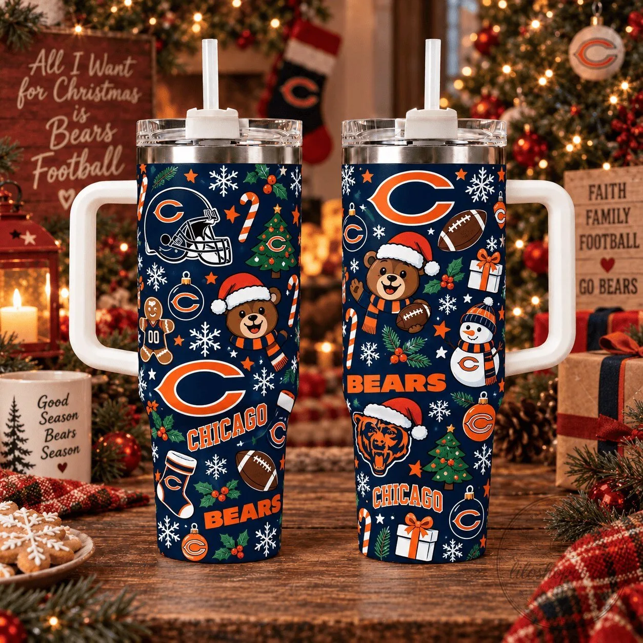 Chicago Bears NFL Christmas Holiday Stainless Steel Tumbler with Handle