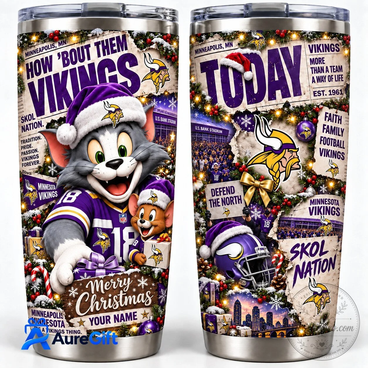 Minnesota Vikings Tom and Jerry Christmas Kickoff Personalized Stainless Steel Tumbler