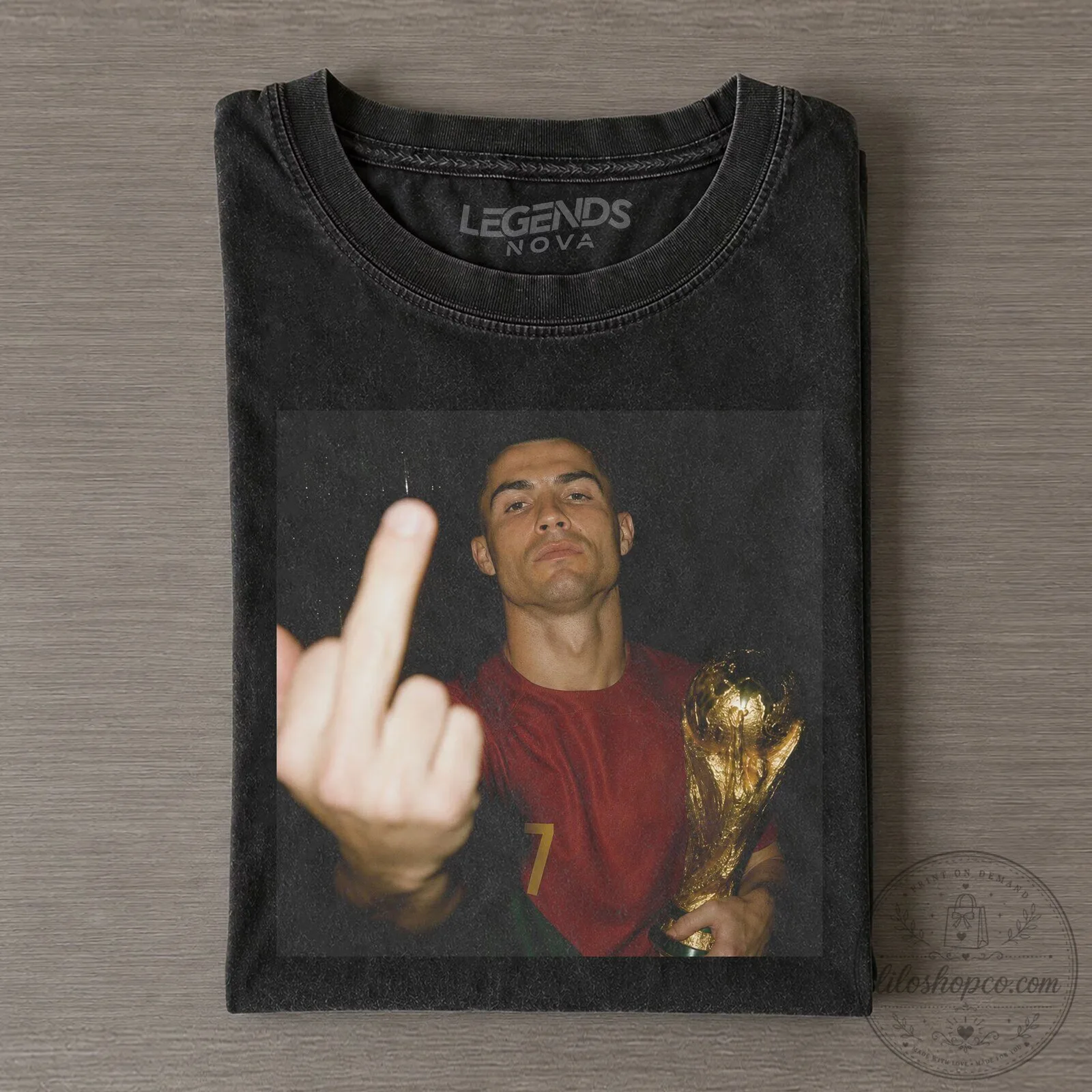 Black T-Shirt Featuring Cristiano Ronaldo's Middle Finger and World Cup Champion Design
