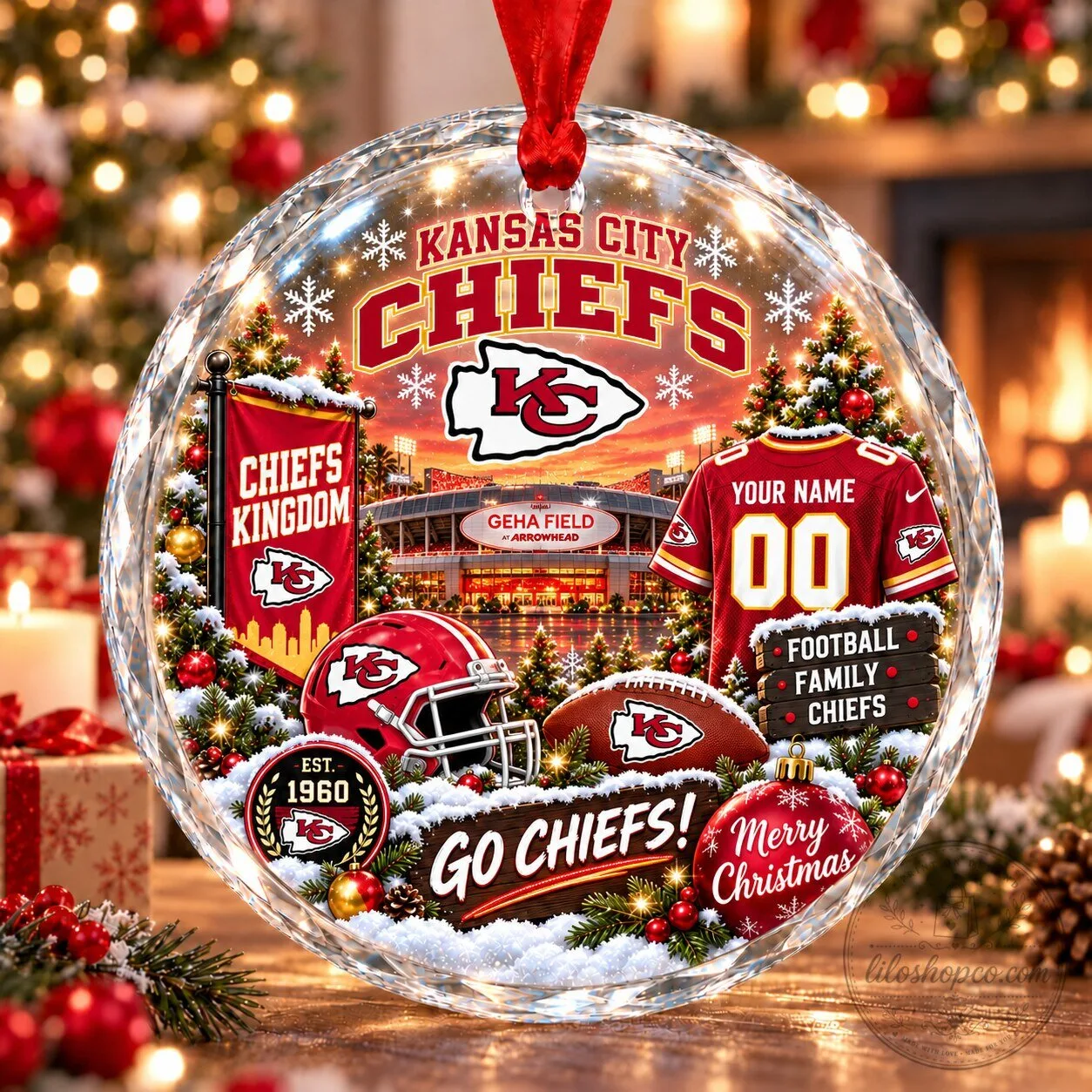 Kansas City Chiefs Christmas Stadium Snow Vibe Glass Ornament