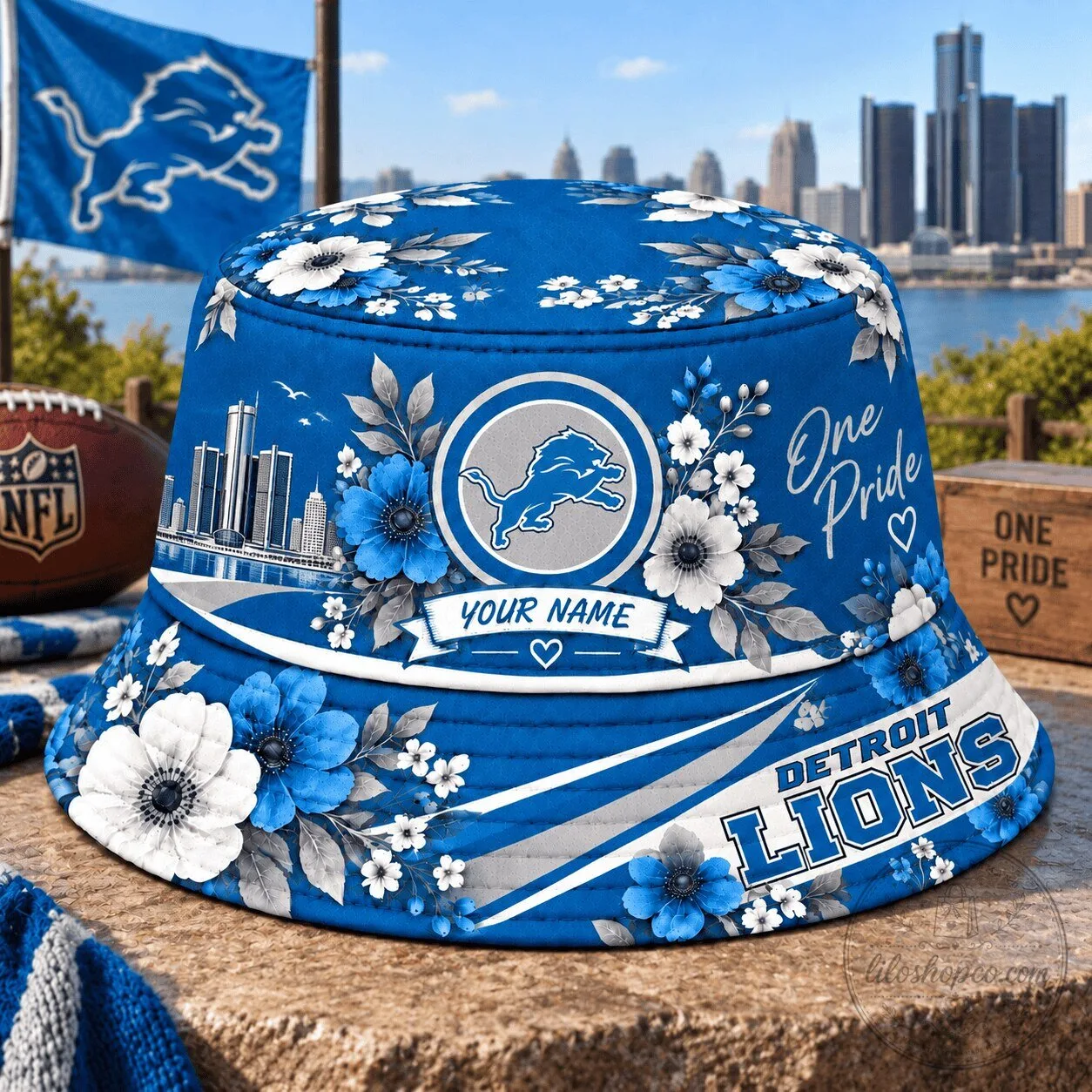 Detroit Lions Personalized Blue Floral One Pride NFL Football Bucket Hat
