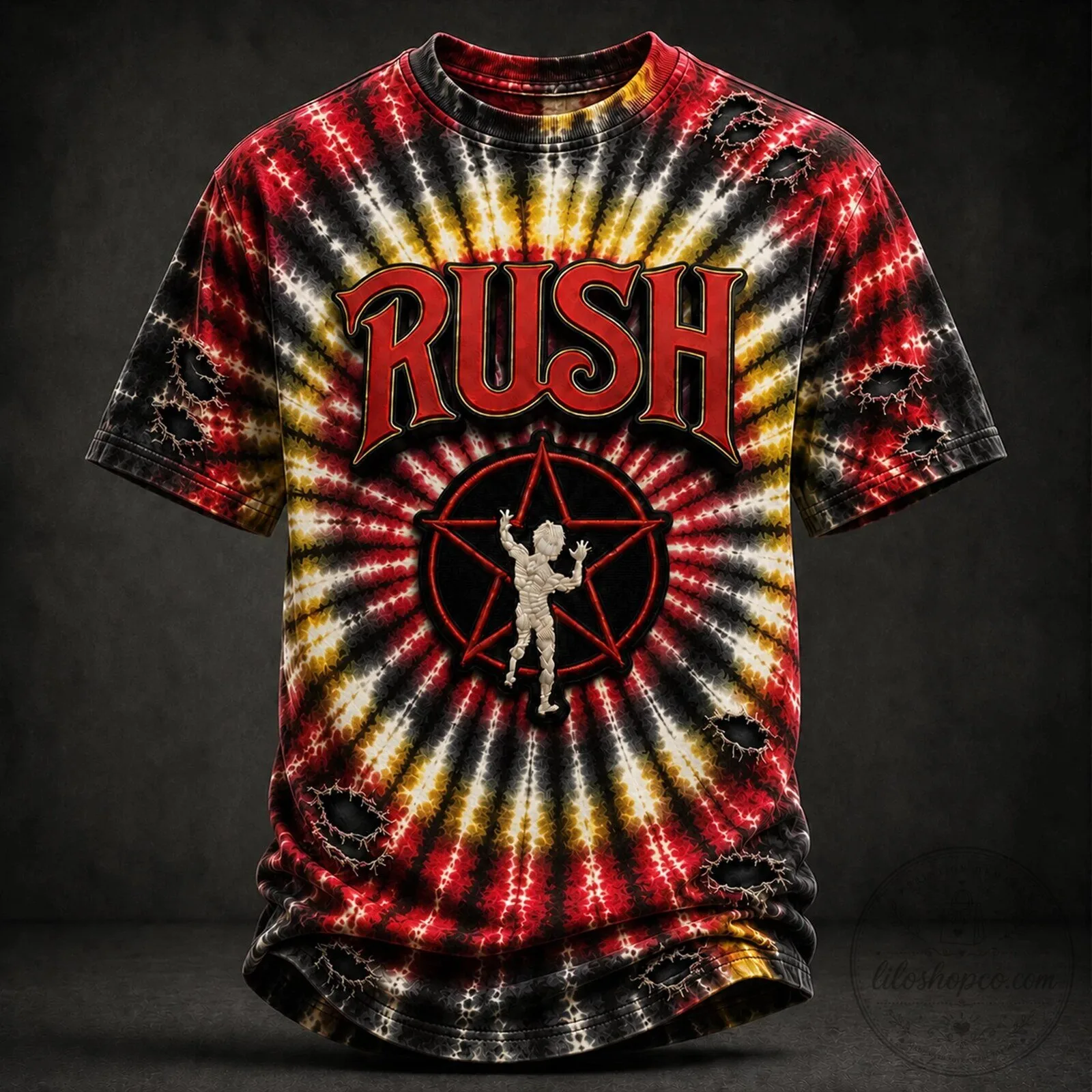 Rush Band Logo Tie-Dye Distressed Short Sleeve T-Shirt
