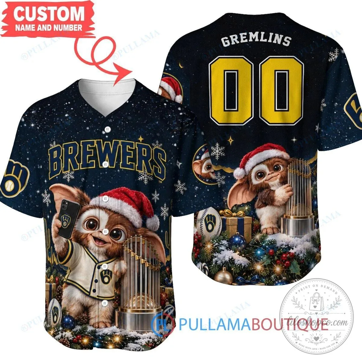 Milwaukee Brewers Gremlins Christmas World Series Trophy Baseball Jersey