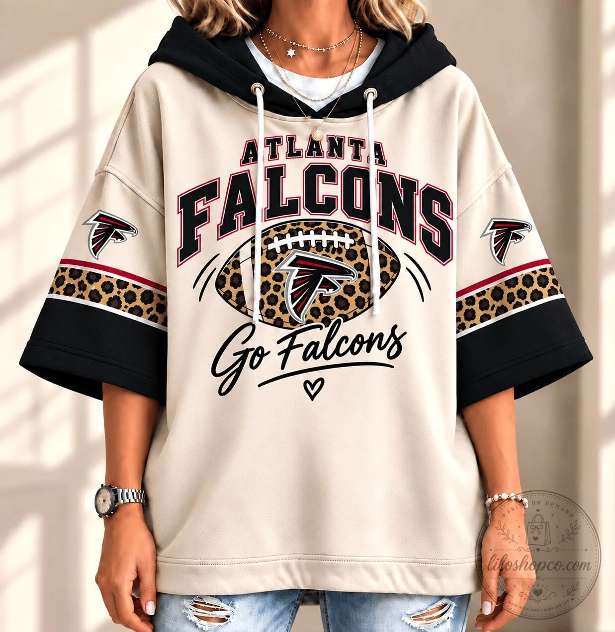 Atlanta Falcons Football Leopard Print Short Sleeve Hoodie