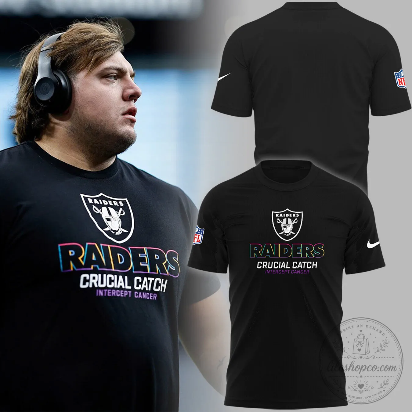 Las Vegas Raiders NFL Crucial Catch Intercept Cancer Black T-Shirt