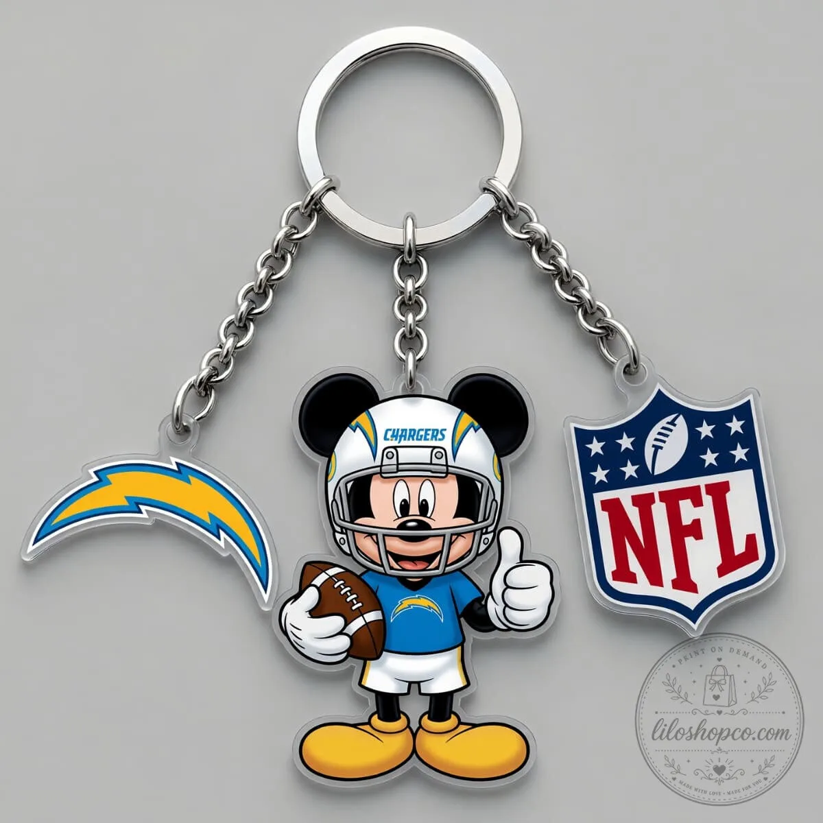 Los Angeles Chargers Mickey Mouse Football Triple Charm Keychain