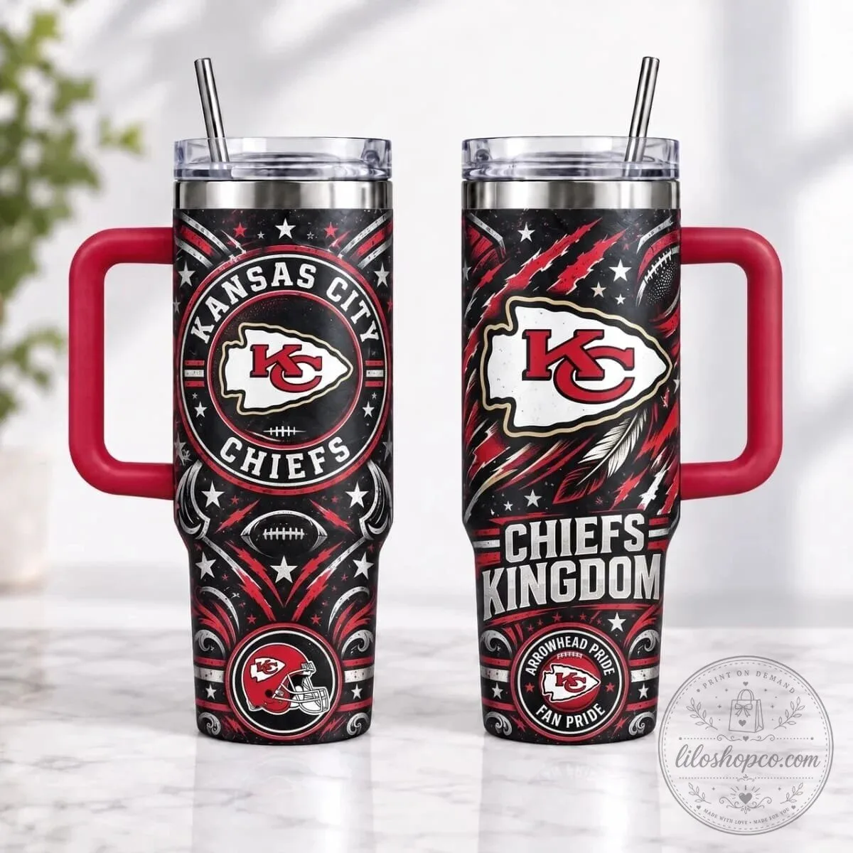 40oz Tumbler with Handle and Straw for Kansas City Chiefs Fans