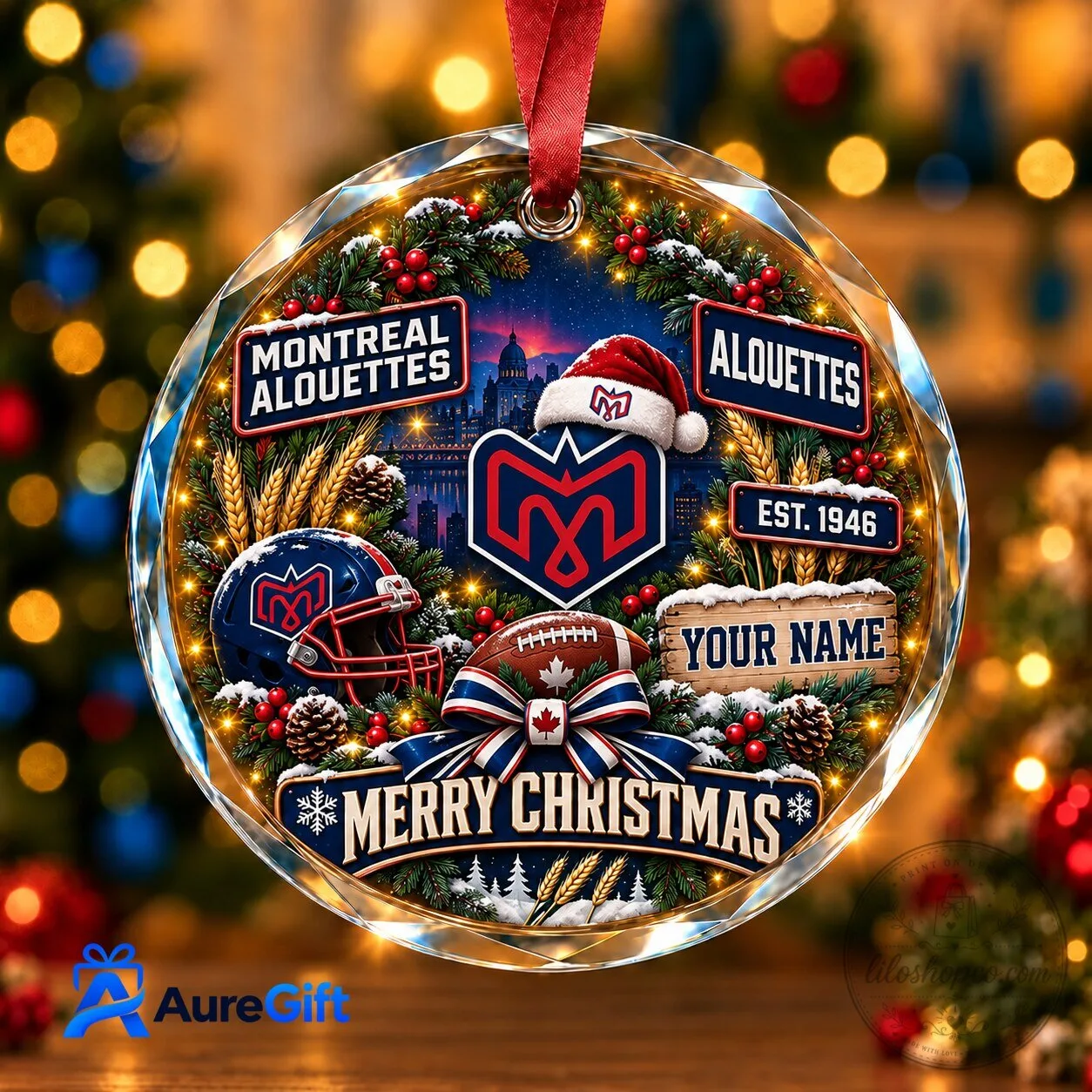Montreal Alouettes Canadian Football League Christmas Personalized Glass Ornament