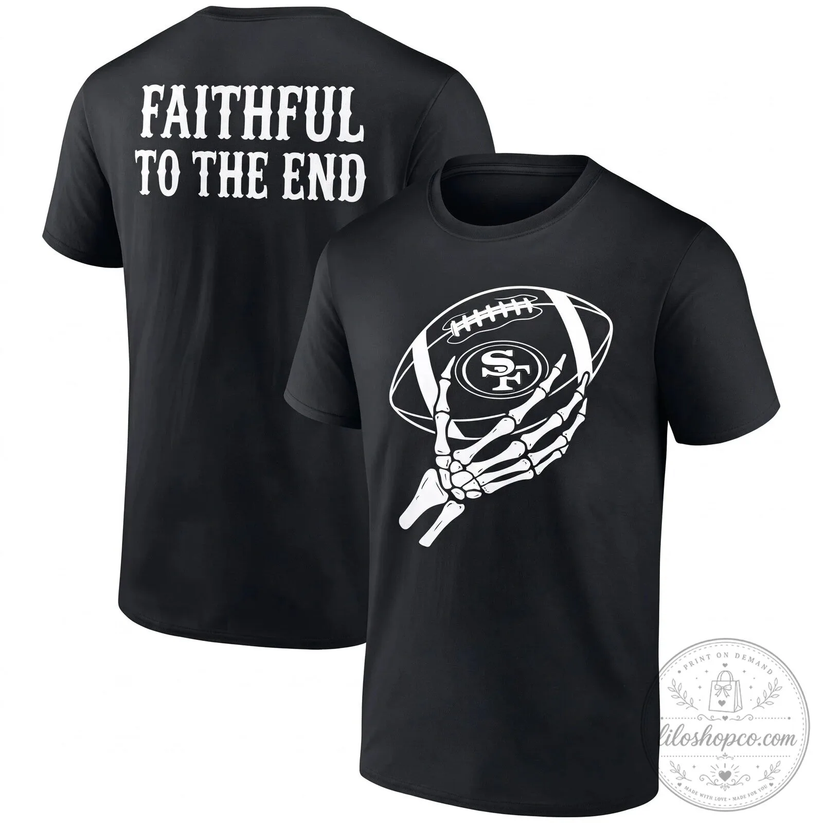 San Francisco 49ers Skeleton Hand Holding Football Halloween Black T-Shirt