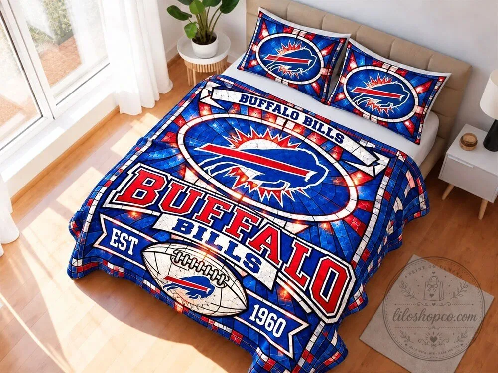 Buffalo Bills Stained Glass Style Bedding Set with Pillow Shams 1 Buffalo Bills Stained Glass Style Bedding Set with Pillow Shams