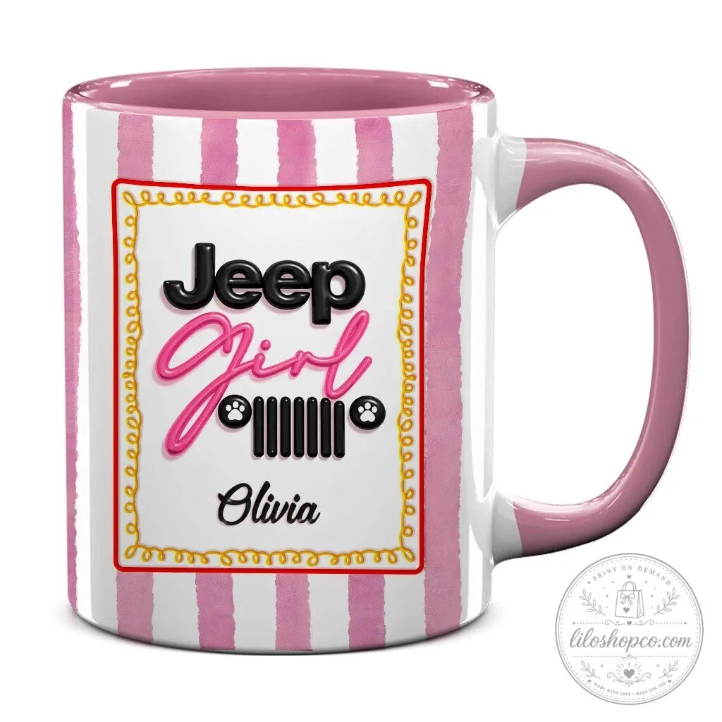 Personalized Jeep Girl Pink Striped Coffee Mug with Custom Name 25 Personalized Jeep Girl Pink Striped Coffee Mug with Custom Name