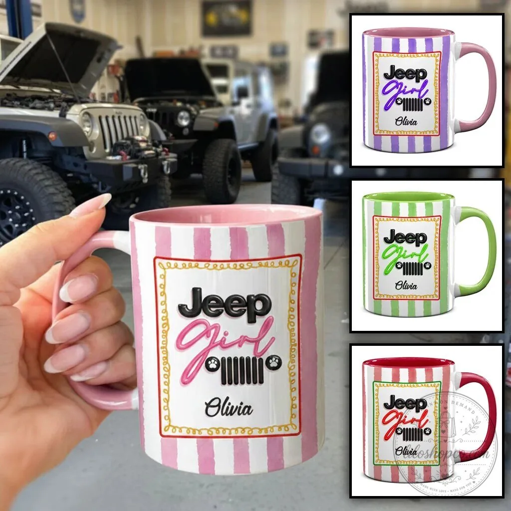 Personalized Jeep Girl Pink Striped Coffee Mug with Custom Name 26 Personalized Jeep Girl Pink Striped Coffee Mug with Custom Name