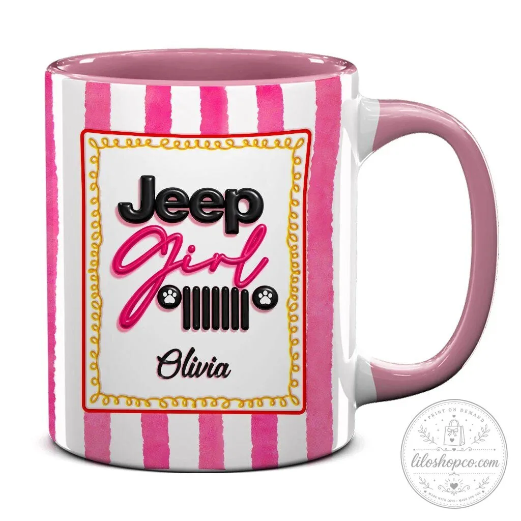 Personalized Jeep Girl Pink Striped Coffee Mug with Custom Name 27 Personalized Jeep Girl Pink Striped Coffee Mug with Custom Name