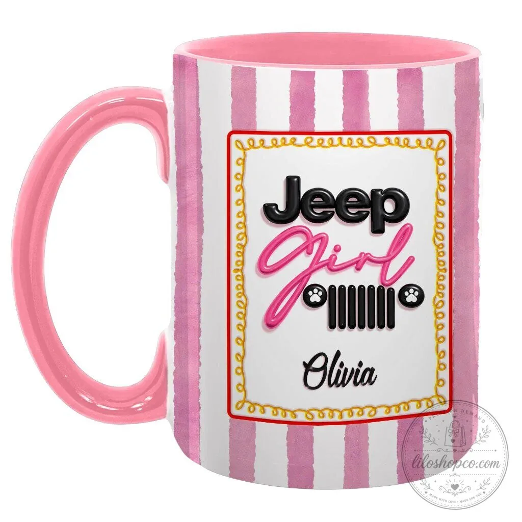 Personalized Jeep Girl Pink Striped Coffee Mug with Custom Name 37 Personalized Jeep Girl Pink Striped Coffee Mug with Custom Name