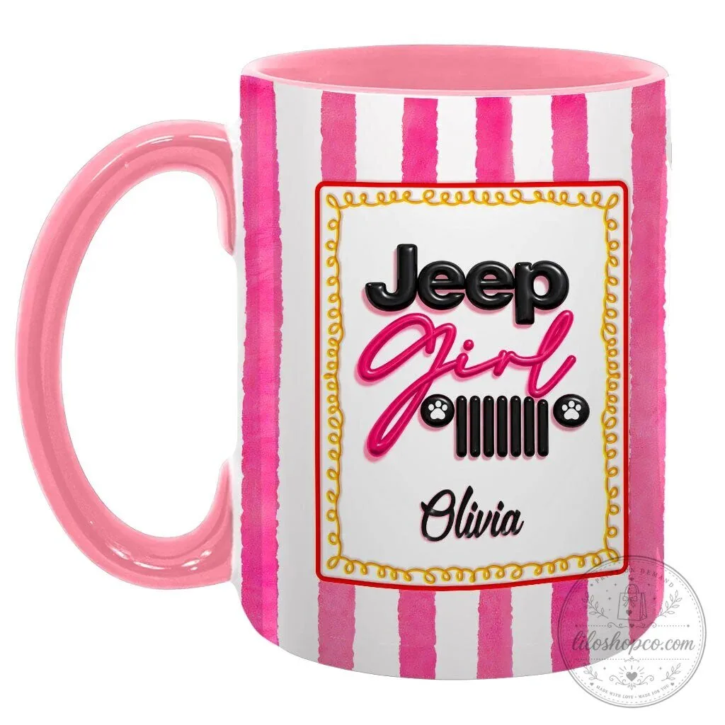 Personalized Jeep Girl Pink Striped Coffee Mug with Custom Name 38 Personalized Jeep Girl Pink Striped Coffee Mug with Custom Name