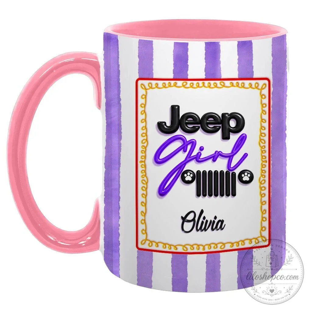 Personalized Jeep Girl Pink Striped Coffee Mug with Custom Name 39 Personalized Jeep Girl Pink Striped Coffee Mug with Custom Name