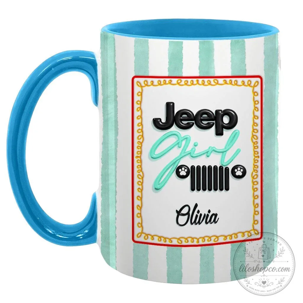Personalized Jeep Girl Pink Striped Coffee Mug with Custom Name 41 Personalized Jeep Girl Pink Striped Coffee Mug with Custom Name