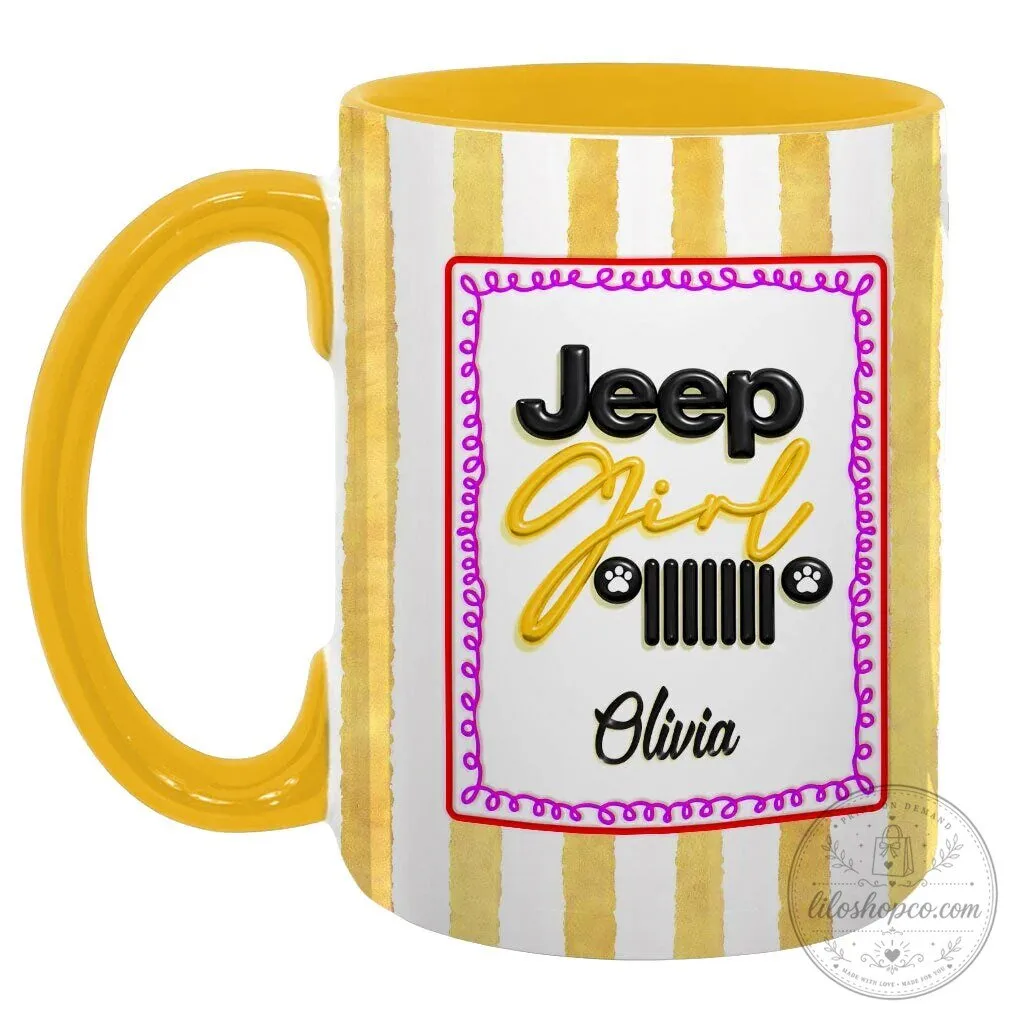 Personalized Jeep Girl Pink Striped Coffee Mug with Custom Name 44 Personalized Jeep Girl Pink Striped Coffee Mug with Custom Name
