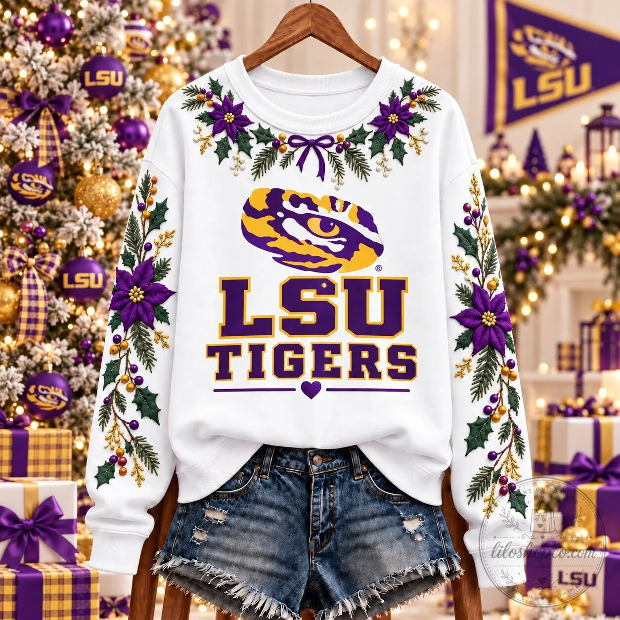 Louisiana State University Tigers Christmas Team Spirit Floral Sweatshirt