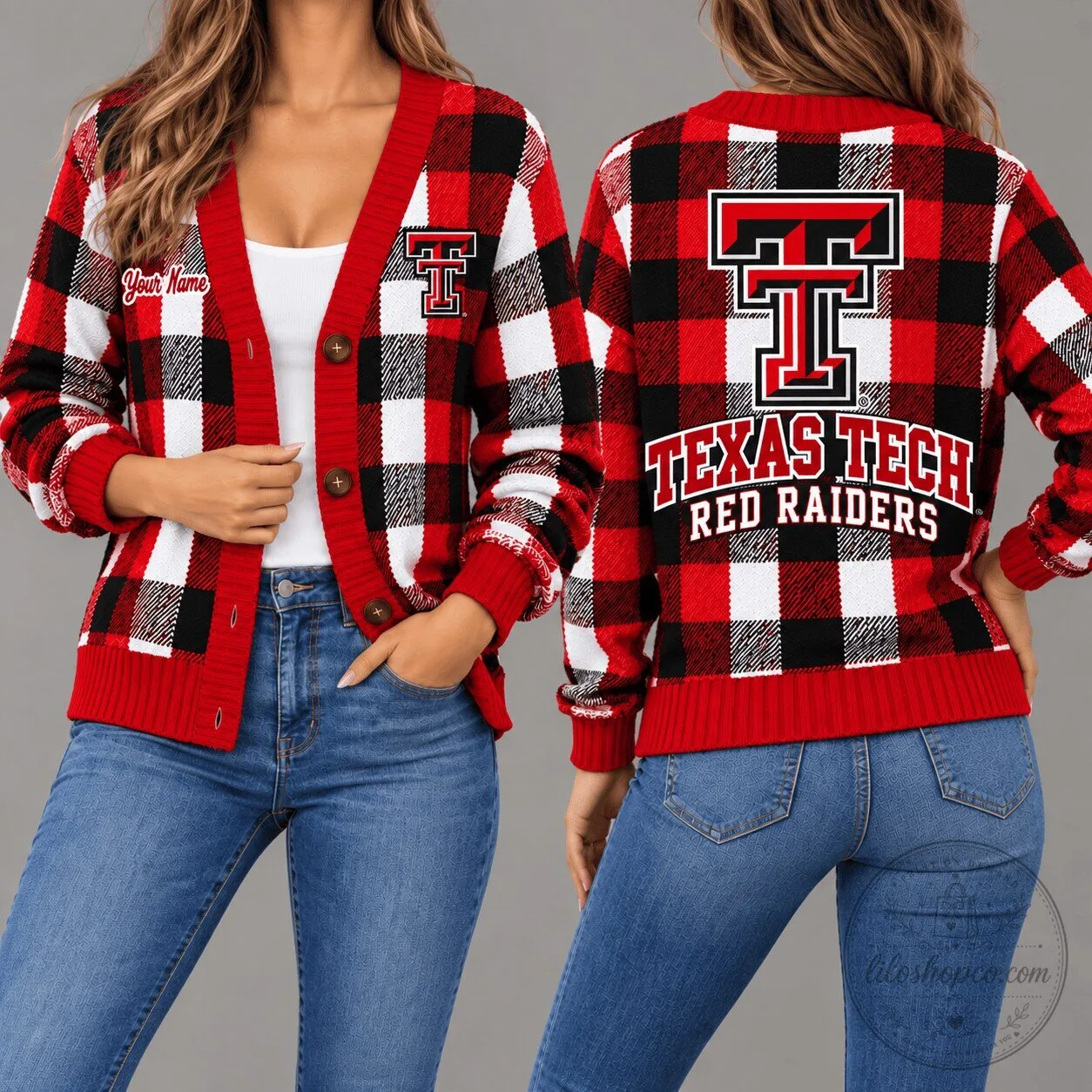 Texas Tech Red Raiders Plaid Pattern Custom Name Cardigan Sweater