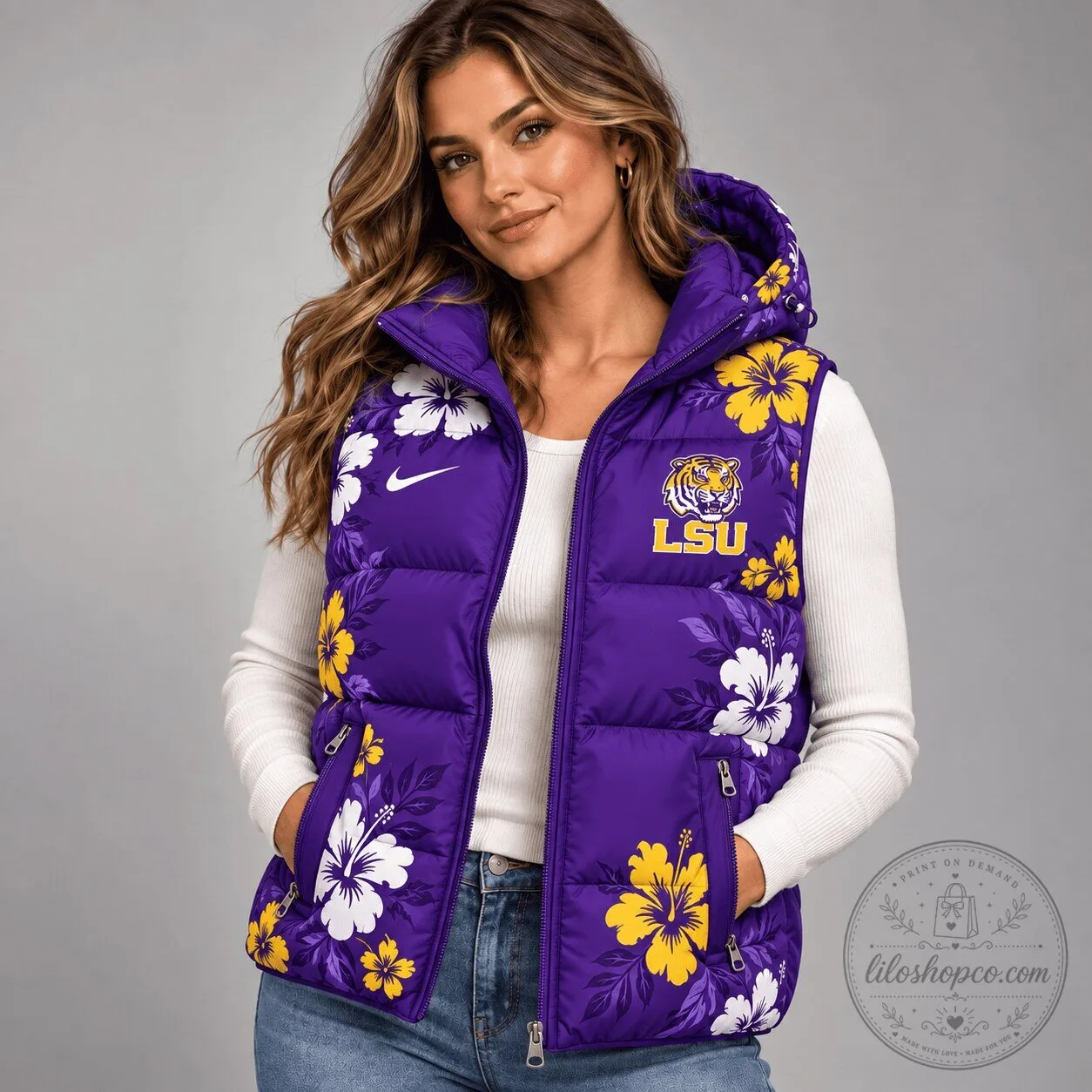 Louisiana State University Tigers Floral Hibiscus Pattern Puffer Vest
