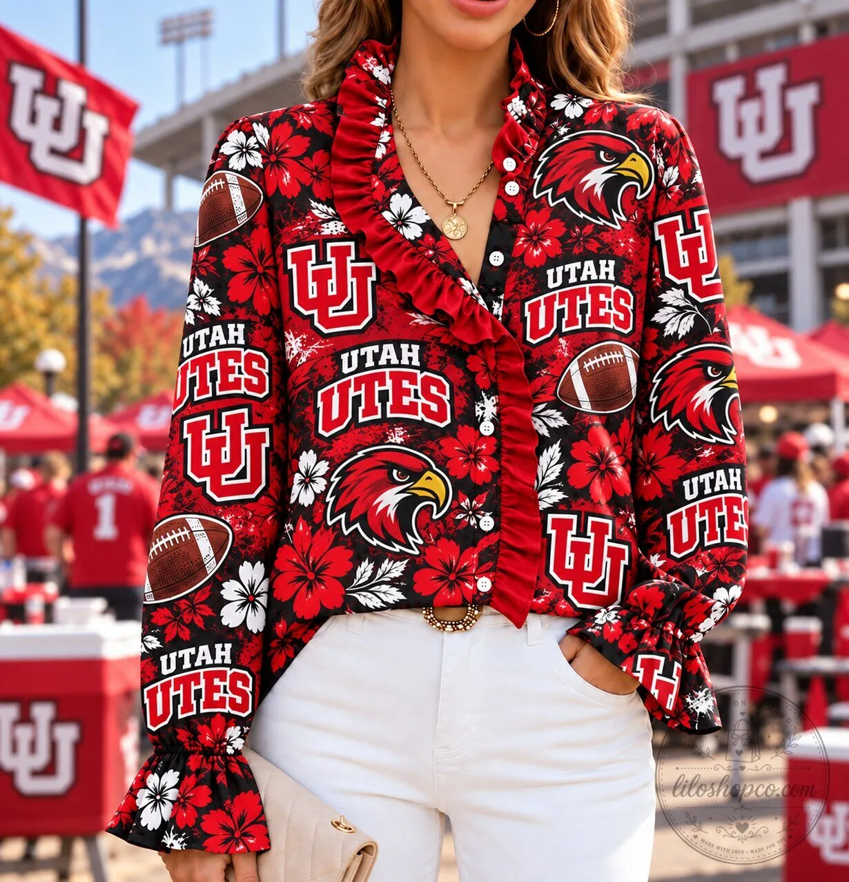 Utah Utes NCAA Floral Ruffle Button Up Long Sleeve Blouse 3 Utah Utes NCAA Floral Ruffle Button Up Long Sleeve Blouse